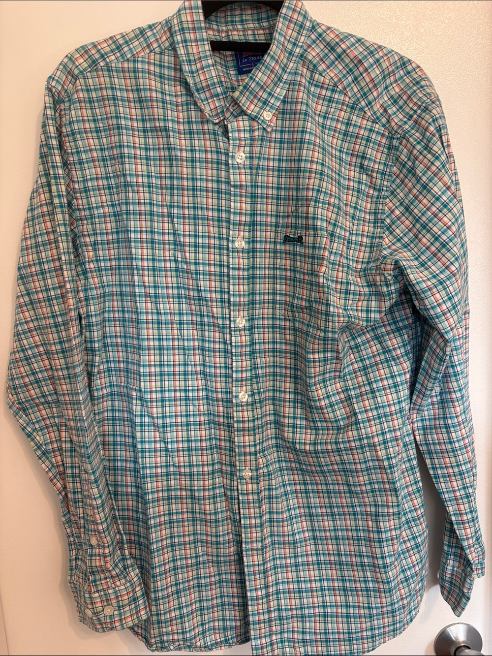 Le Tigre Teal, White & Pink Plaid Button-Down Shirt